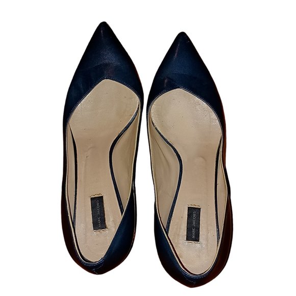 Marc Jacobs Size 37 Navy Blue Leather Point Toe Snake Skin Round Chunky Heel - Picture 5 of 7